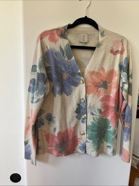Sioni Floral Button-Front Cardigan - Beige with Blue, Green & Pink Flowers